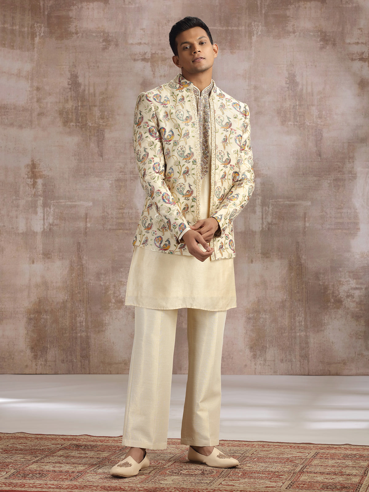 Cream cotton silk indo western with diamond work
