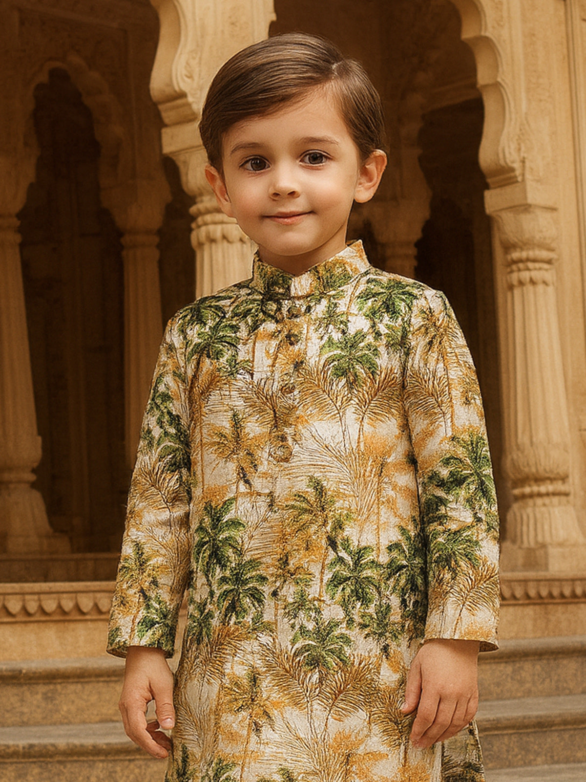 Cream cotton silk printed kurta suit for boys