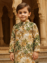 Cream cotton silk printed kurta suit for boys