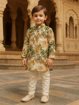 Cream cotton silk printed kurta suit for boys