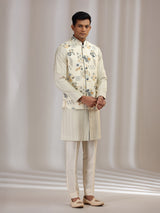 Cream cotton silk waistcoat set with print