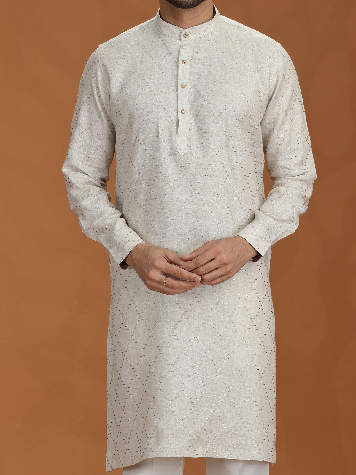 Cream embroidered festive linen kurta mens