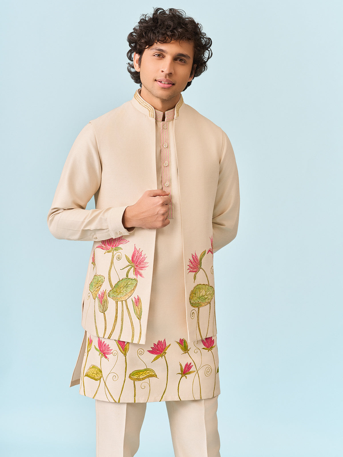 Cream exquisite lotus flower hand printed kurta jacket set
