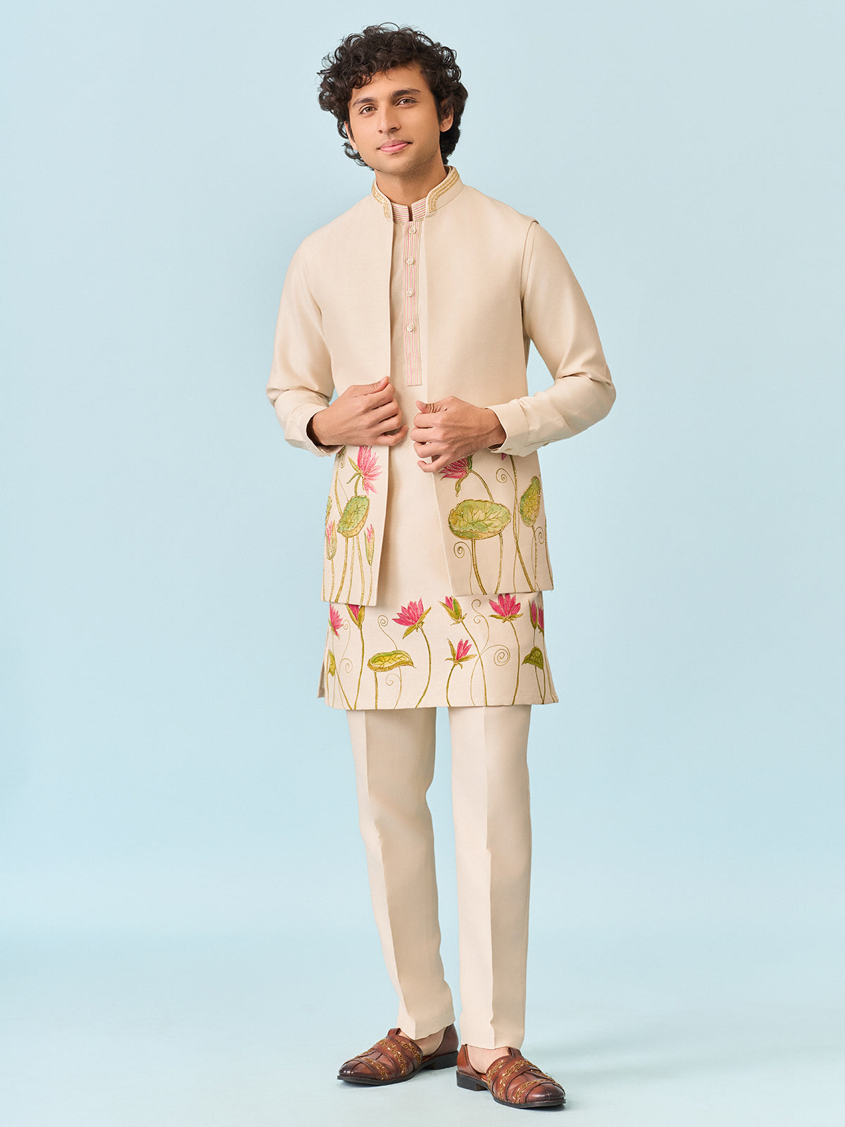 Cream exquisite lotus flower hand printed kurta jacket set