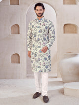 Cream festive wear cotton printed kurta suit