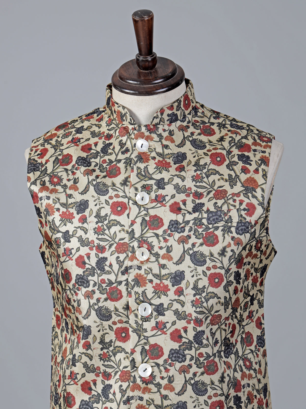 Cream floral printed cotton silk waistcoat