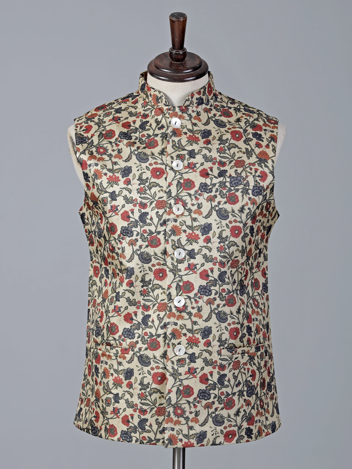 Cream floral printed cotton silk waistcoat