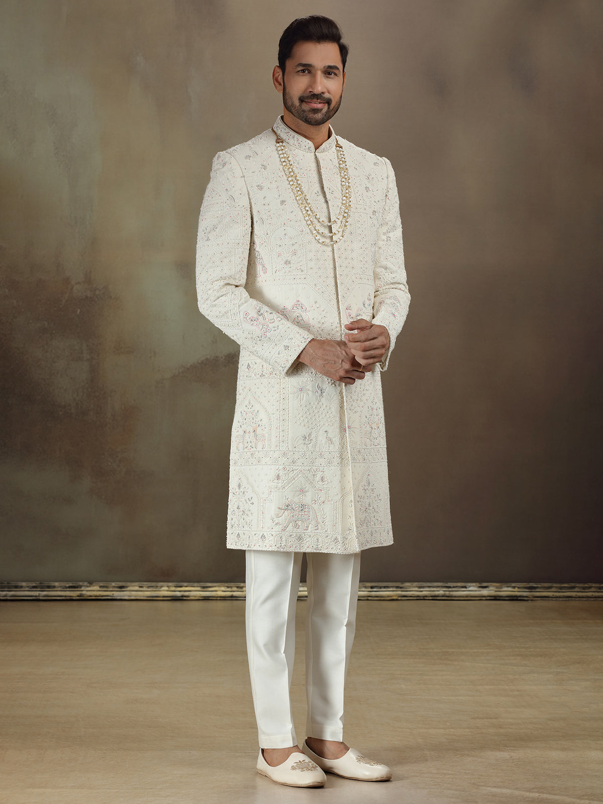 Cream georgette sherwani for wedding wear