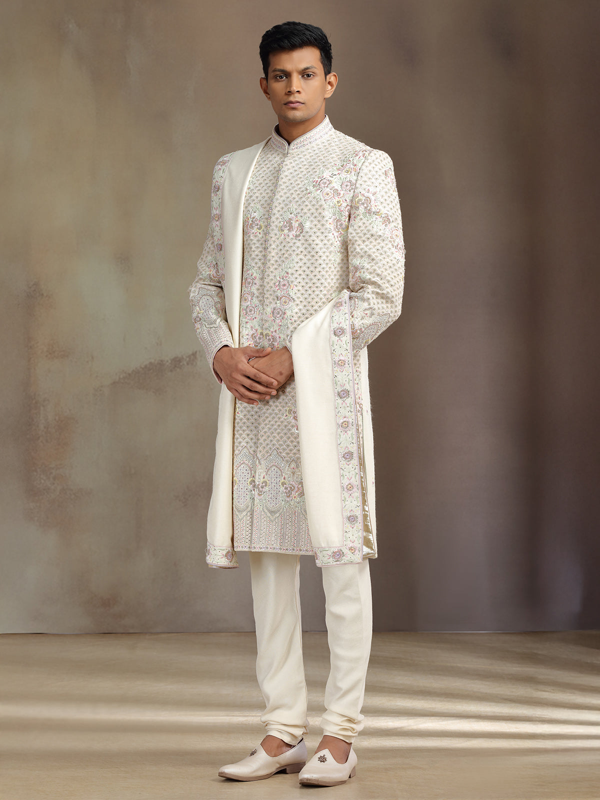 Cream khadi silk sherwani with dupatta