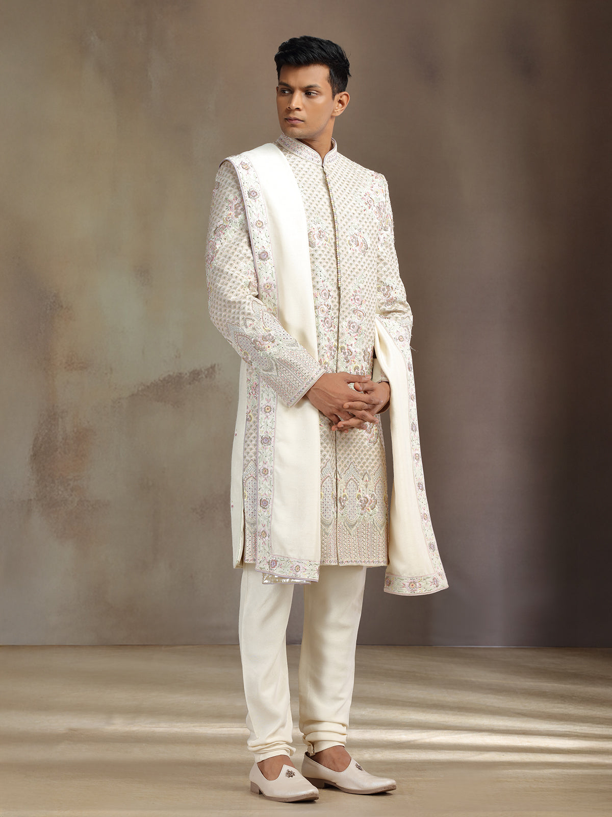 Cream khadi silk sherwani with dupatta