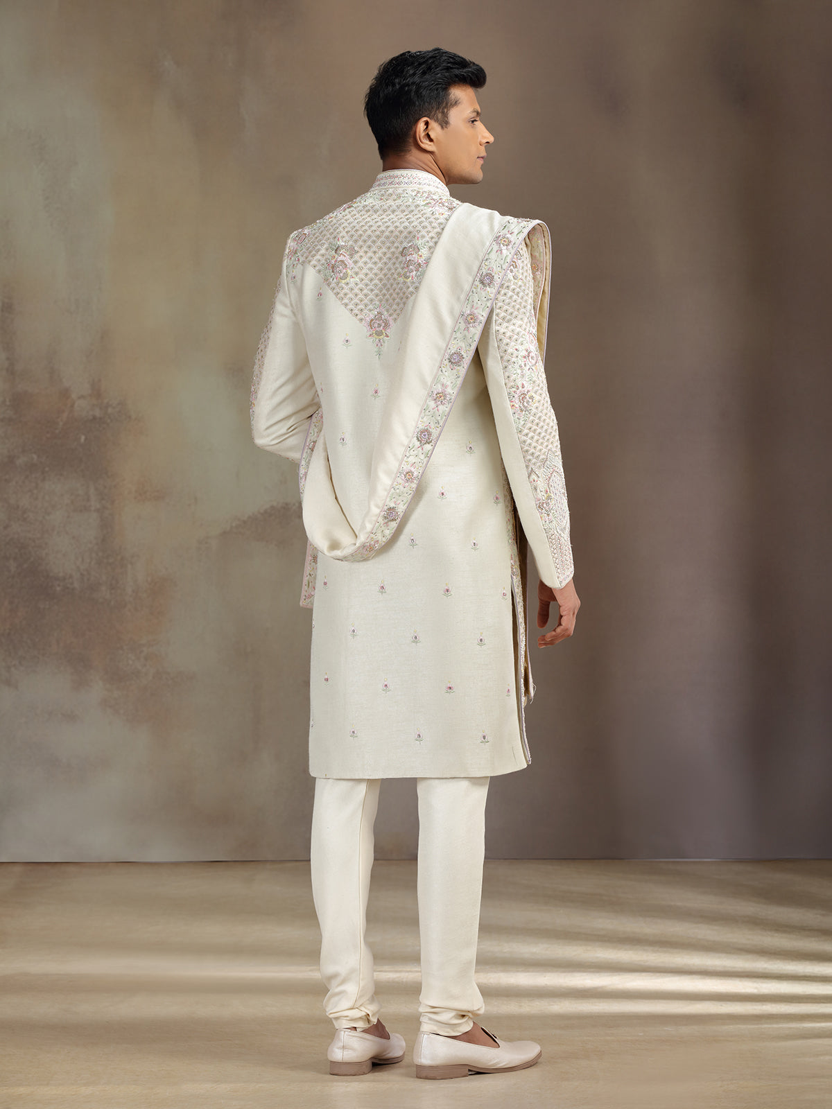 Cream khadi silk sherwani with dupatta
