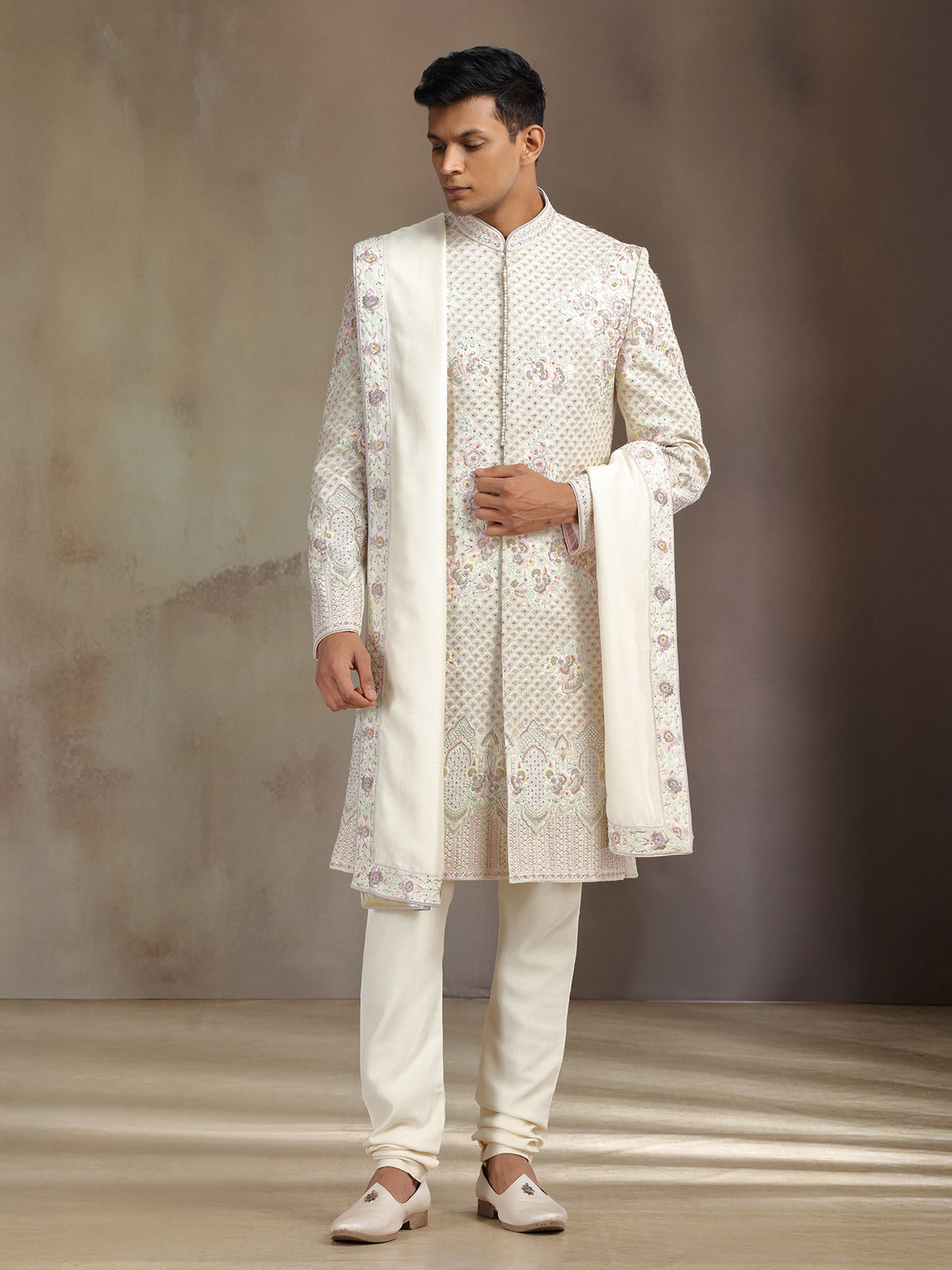 Cream khadi silk sherwani with dupatta