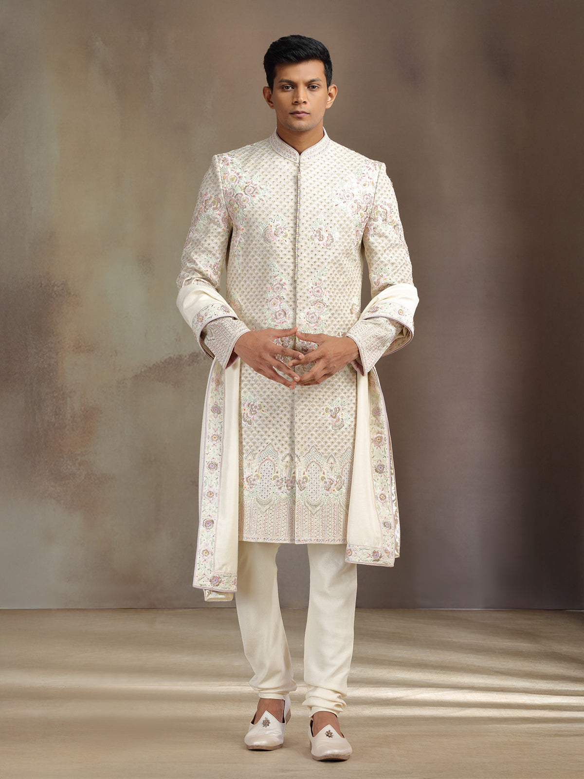 Cream khadi silk sherwani with dupatta