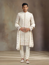 Cream khadi silk sherwani with dupatta
