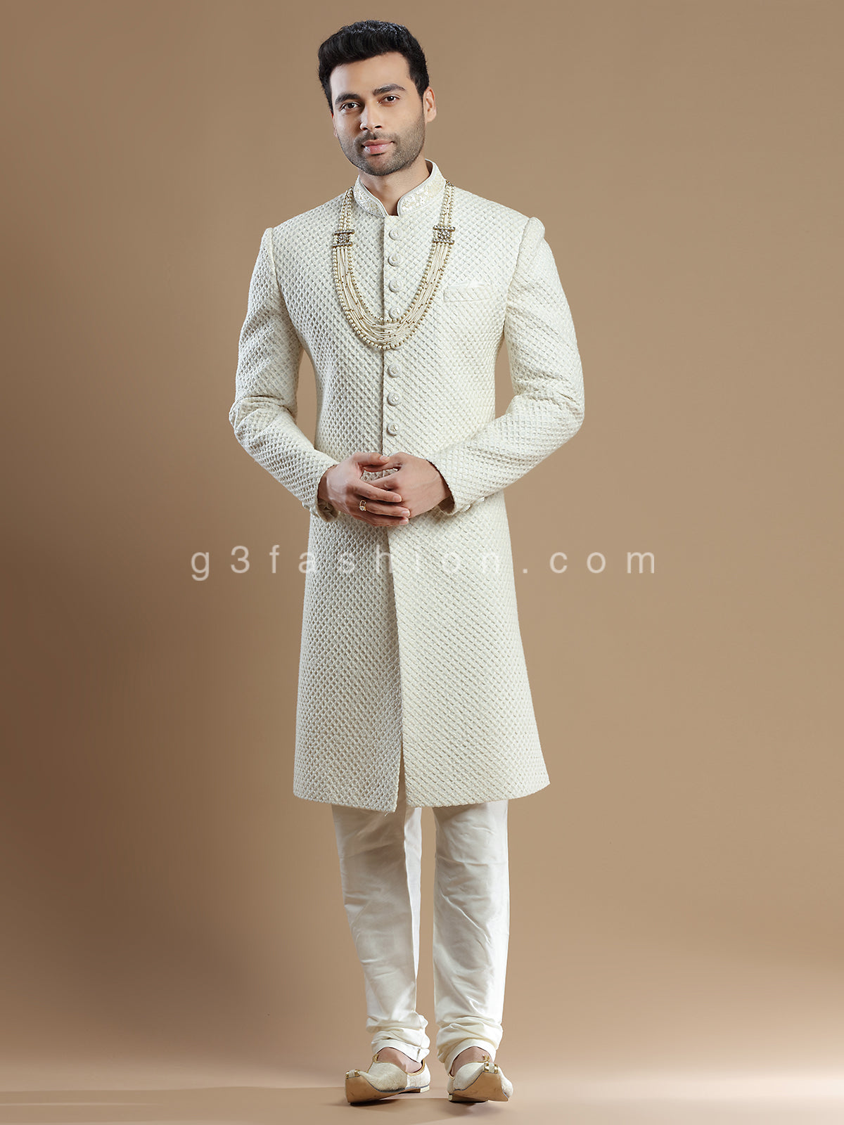 Cream lavish groom wear sherwani in silk