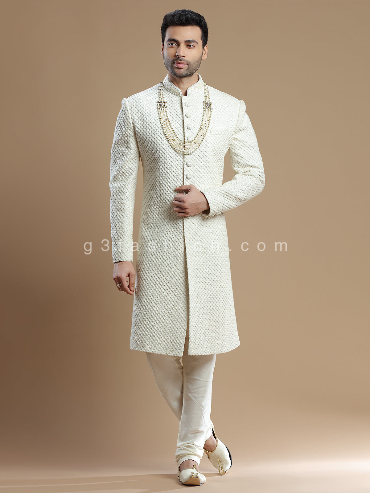 Cream lavish groom wear sherwani in silk