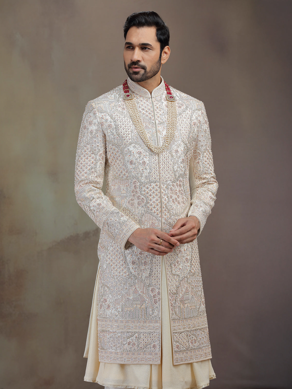 Cream peshwai silk sherwani for groom