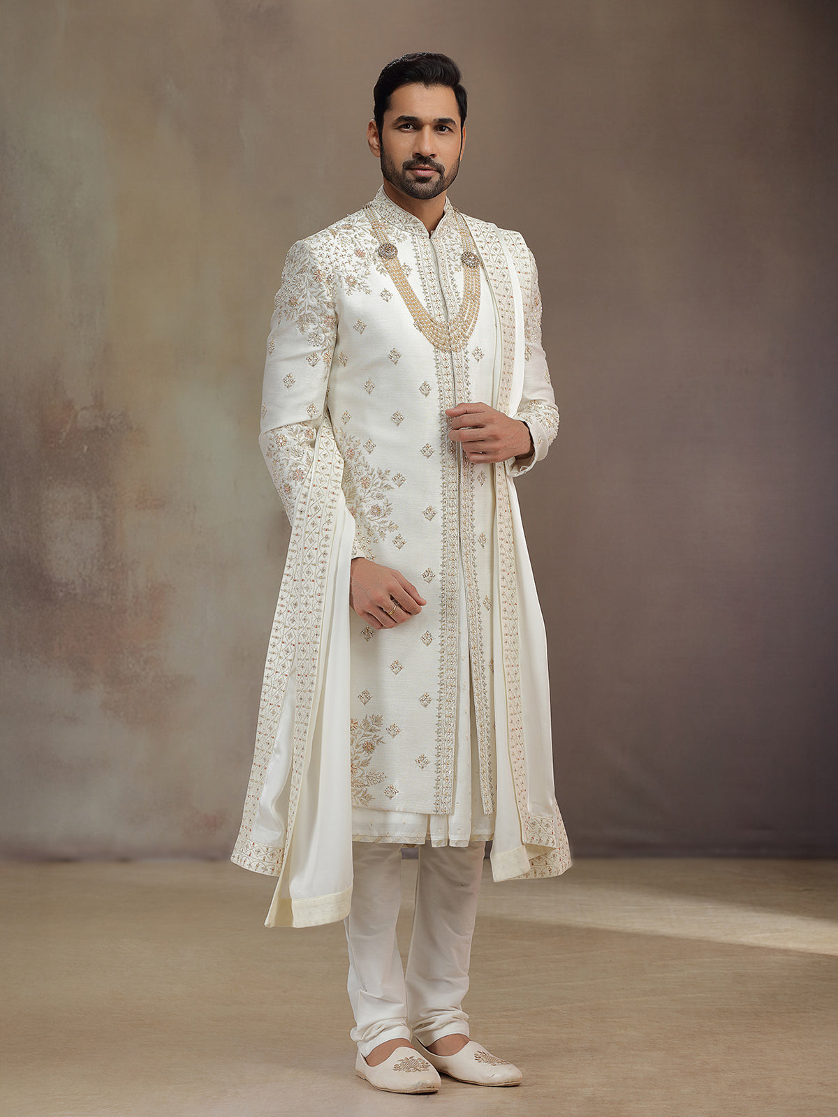 Cream peshwai silk sherwani with dupatta
