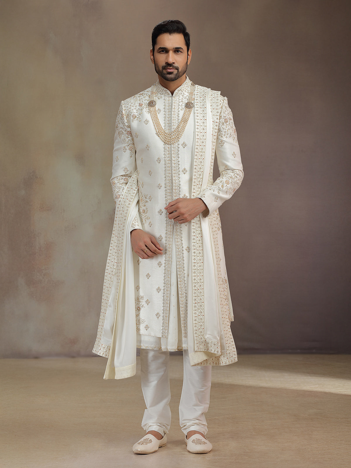 Cream peshwai silk sherwani with dupatta