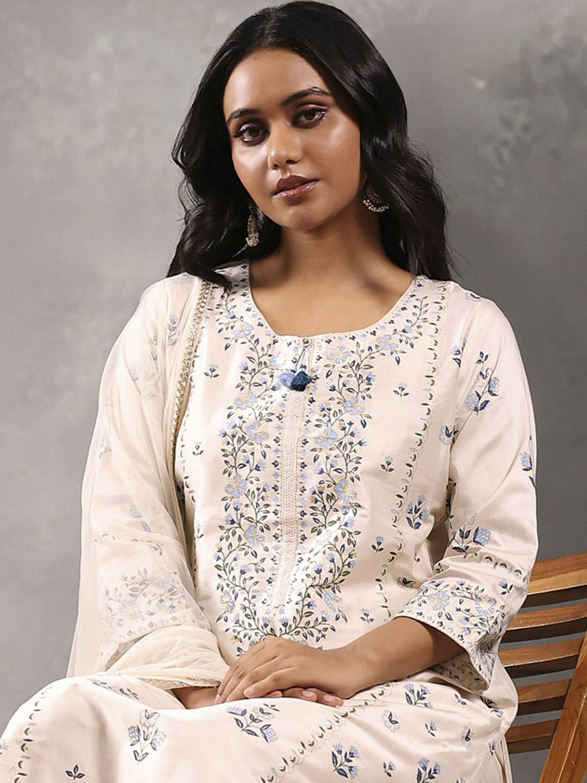 Cream printed cotton silk kurti set for women festive wear