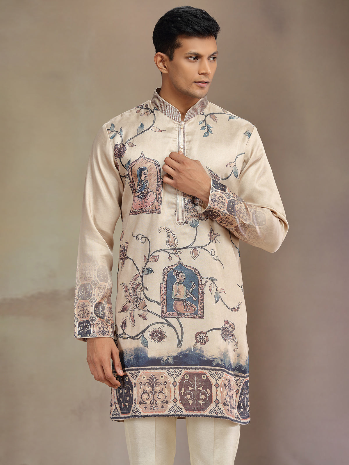 Cream printed festive wear tusser silk kurta pajama