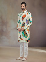 Cream printed silk kurta suit for men