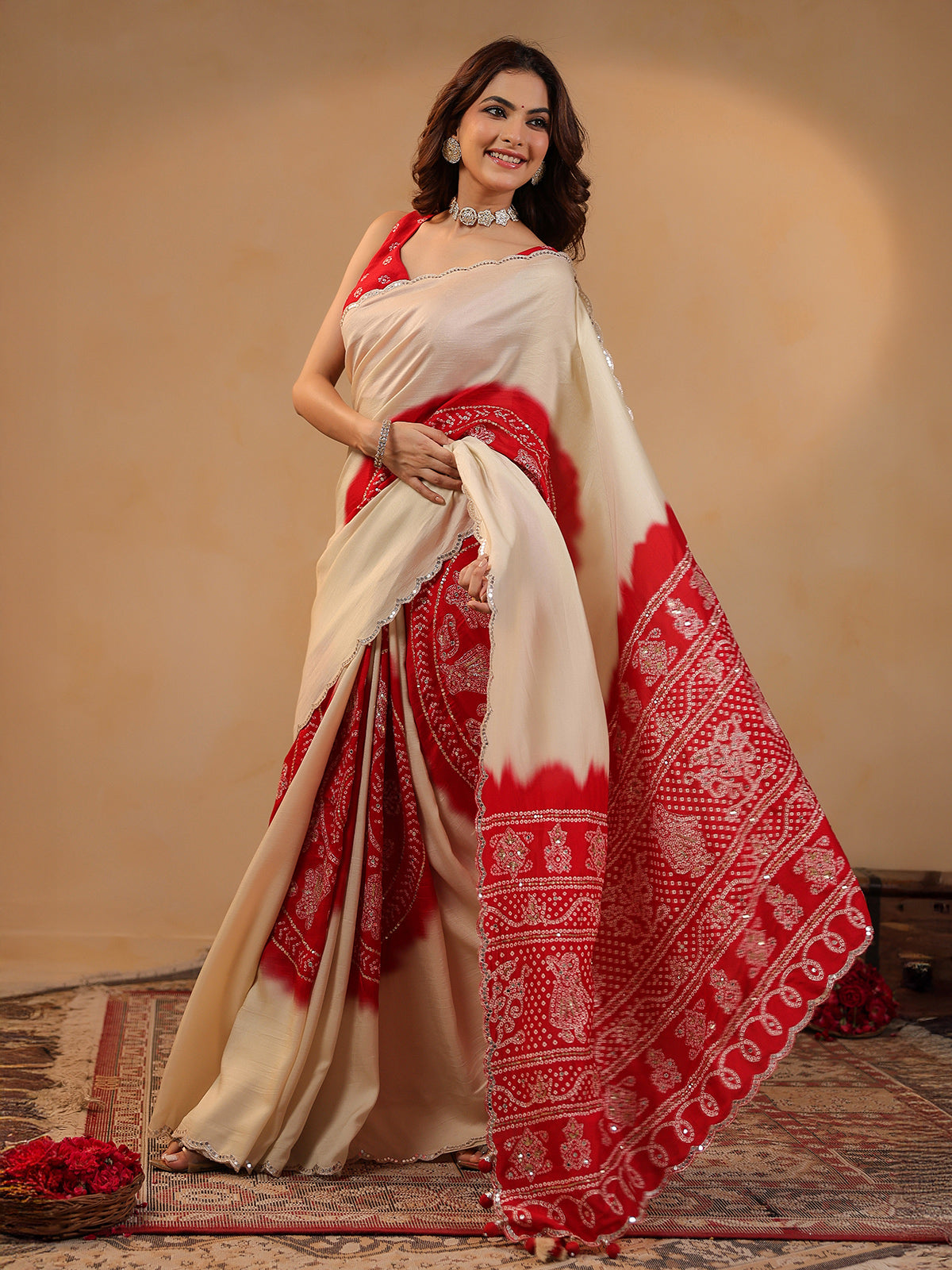 Cream printed silk saree with aabla highlights