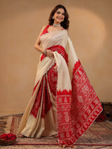 Cream printed silk saree with aabla highlights