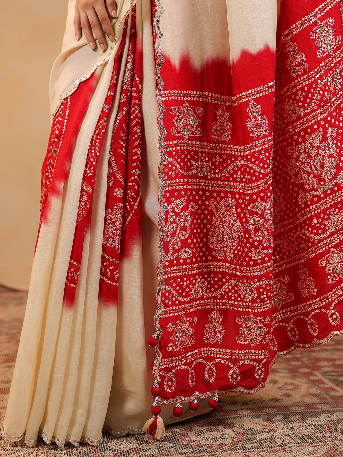 Cream printed silk saree with aabla highlights
