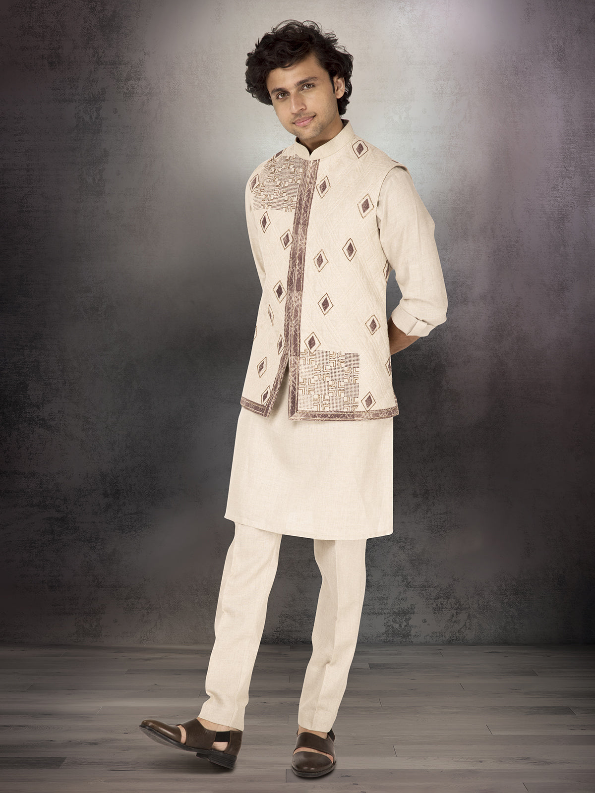 Cream pure linen block printed waistcoat set ensemble