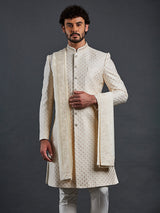 Cream raw silk groom style sherwani