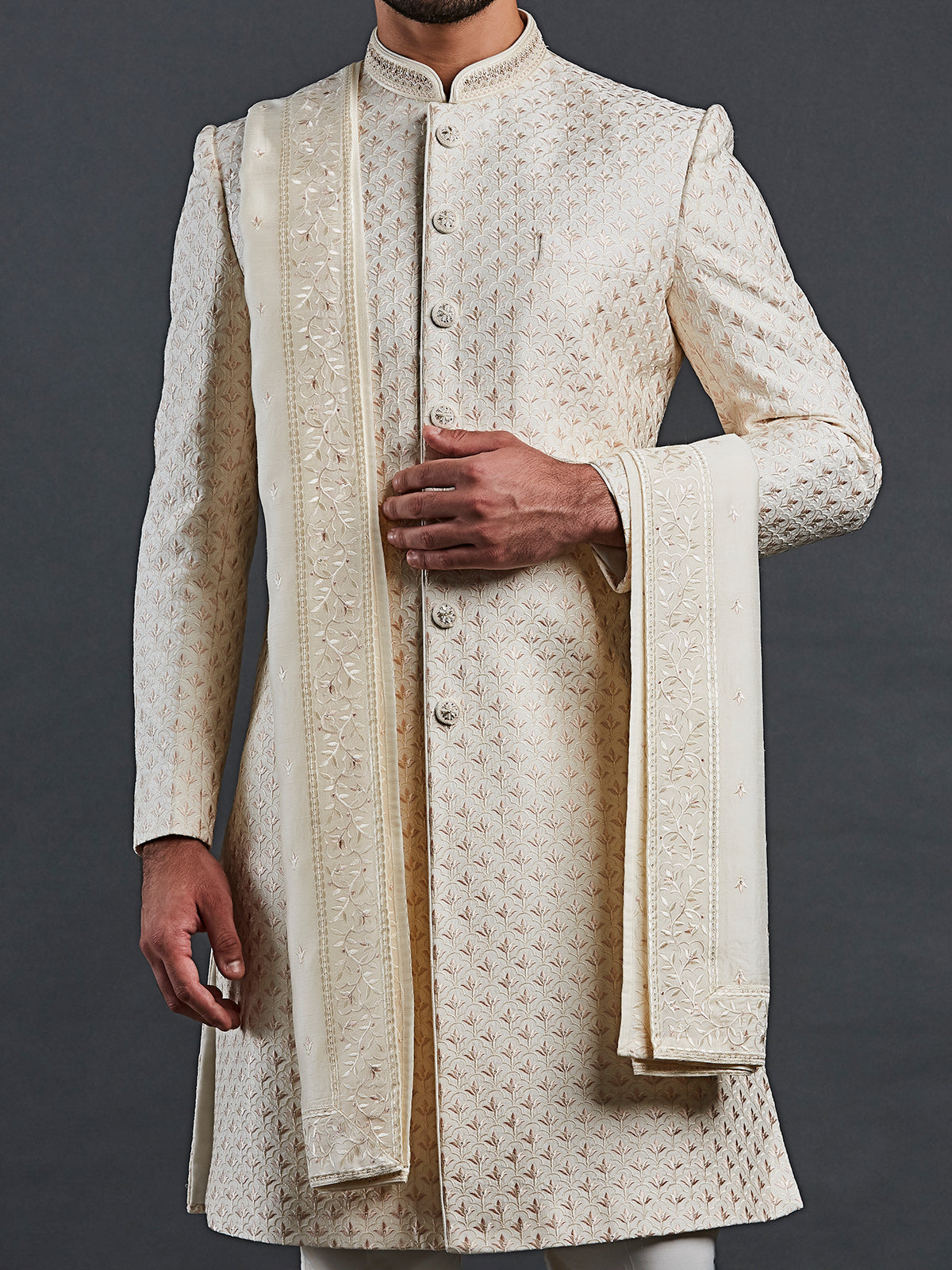 Cream raw silk groom style sherwani