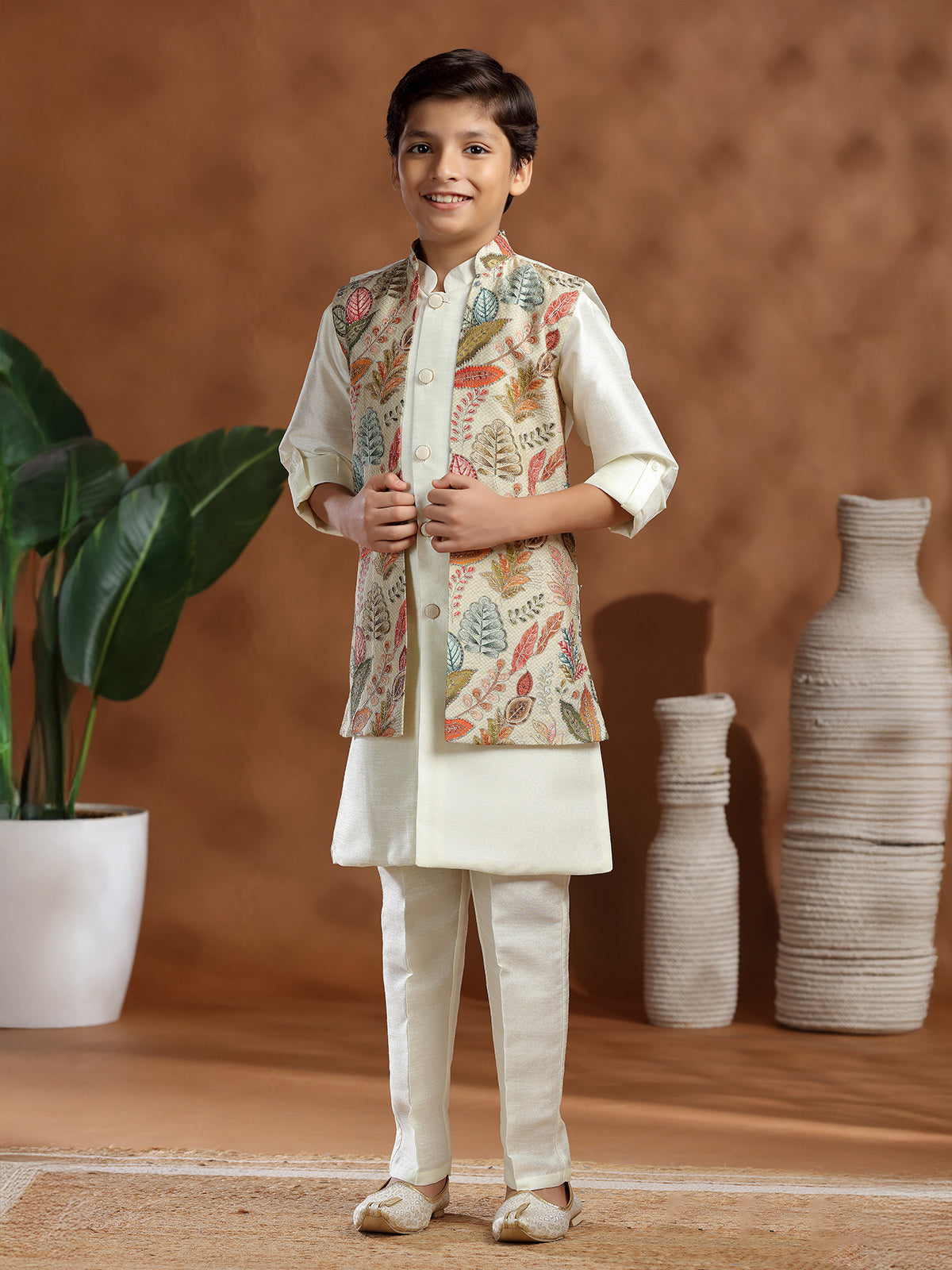 Cream raw silk printed waistcoat set