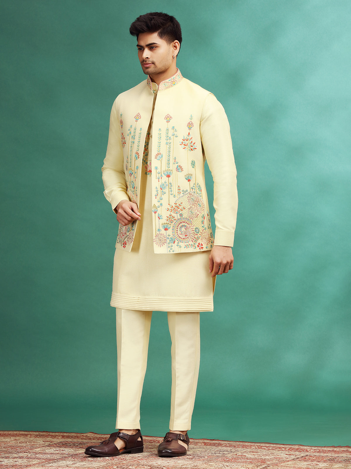 Cream reception wear silk waistcoat set with embroidery