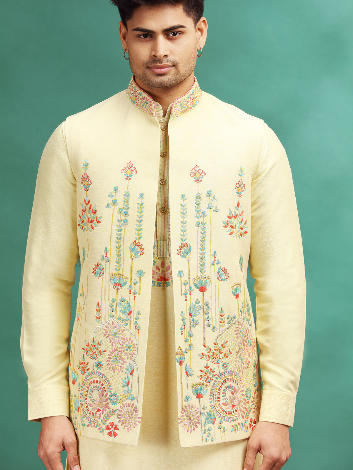 Cream reception wear silk waistcoat set with embroidery