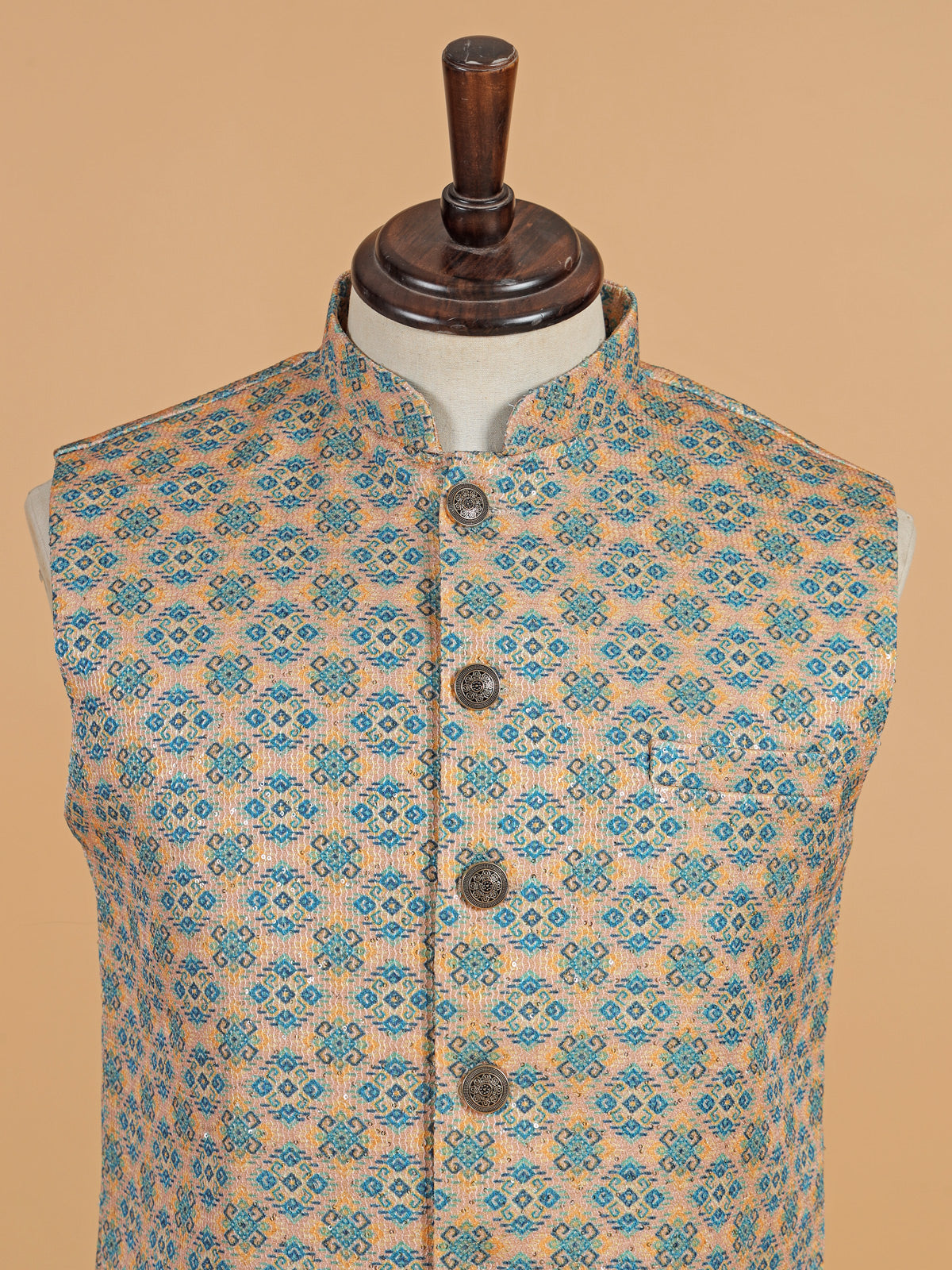 Cream sequins worked cotton silk waistcoat