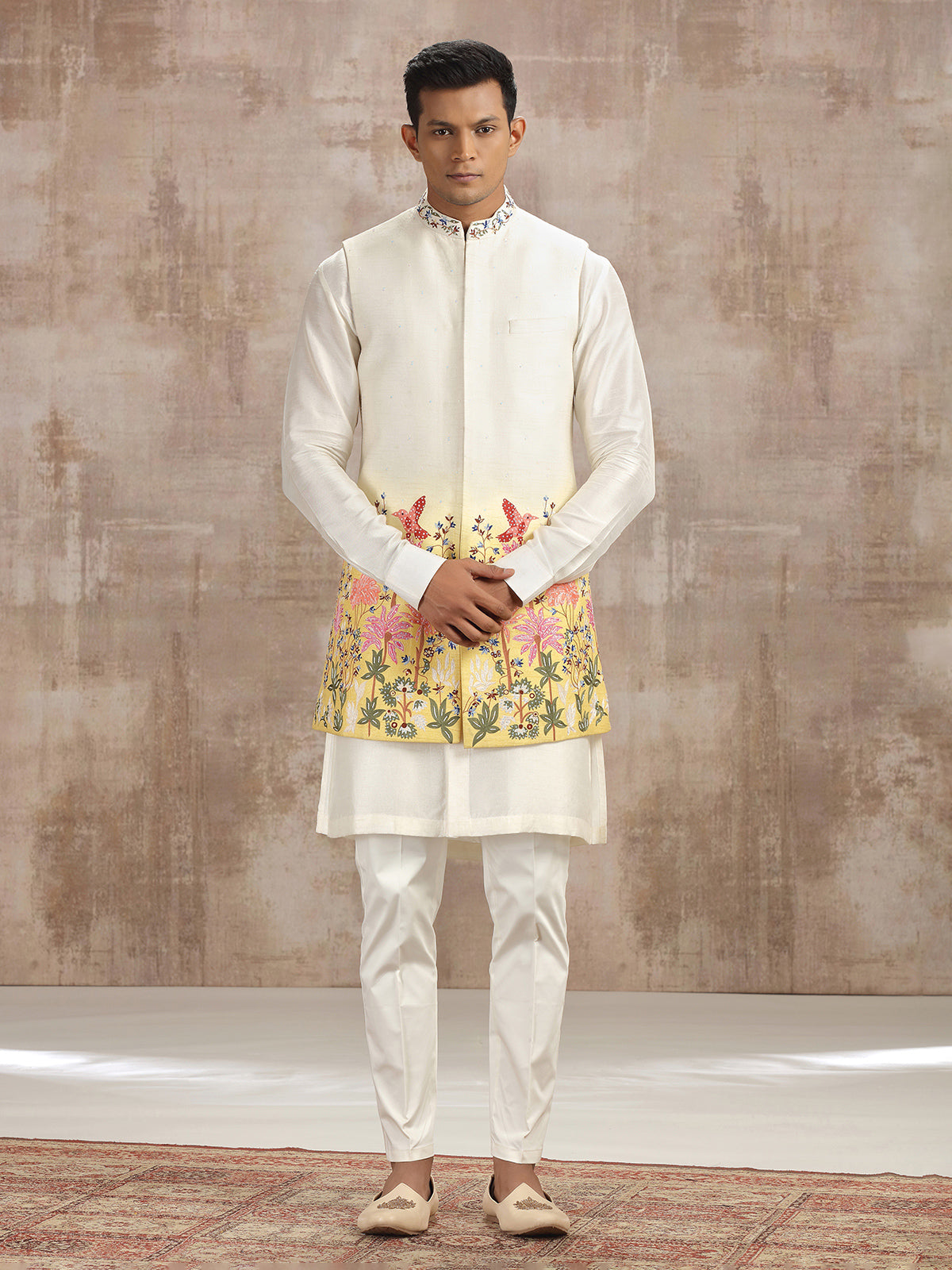 Cream shaded silk waistcoat set with embroidery