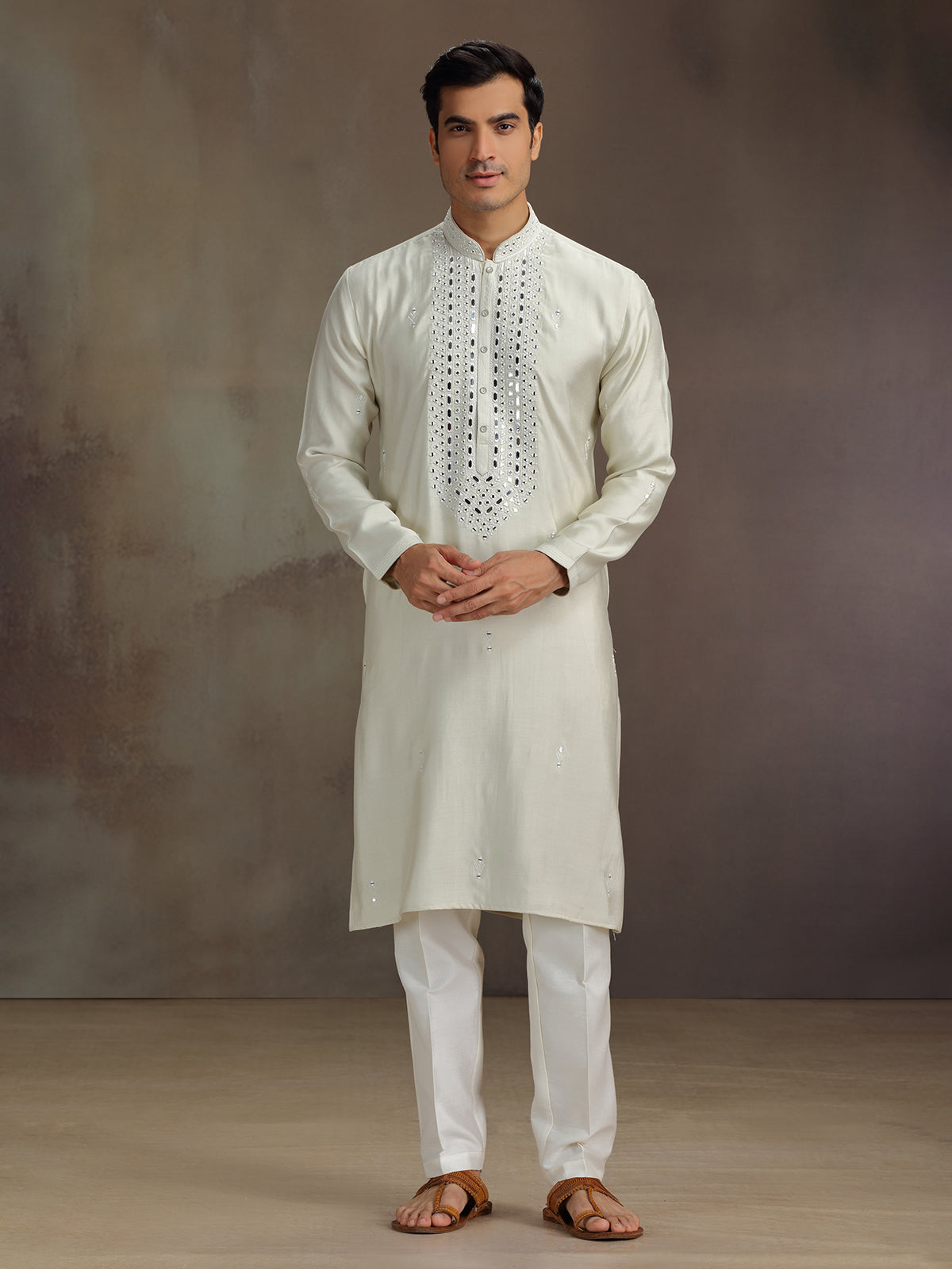 Cream silk embroidered work kurta suit for festive