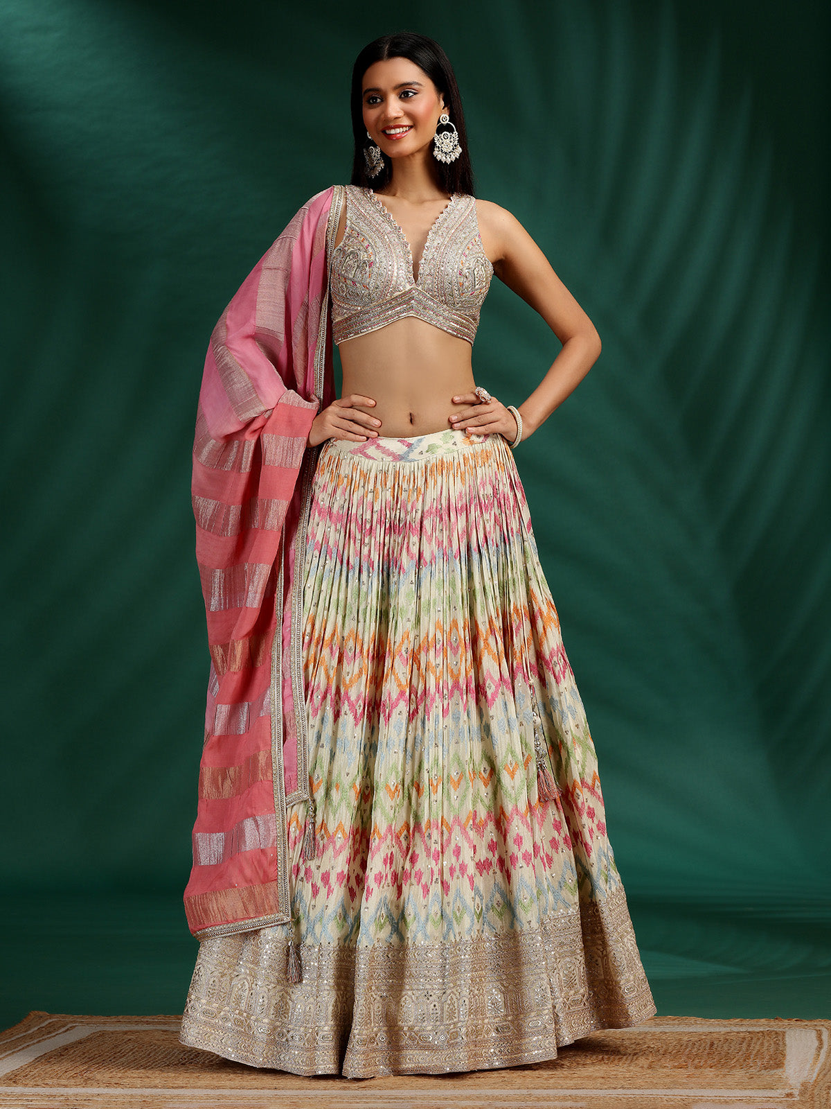 Cream silk lehenga choli with multicolor thread work