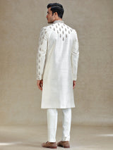 Cream  silk wedding style long jacket sherwani set