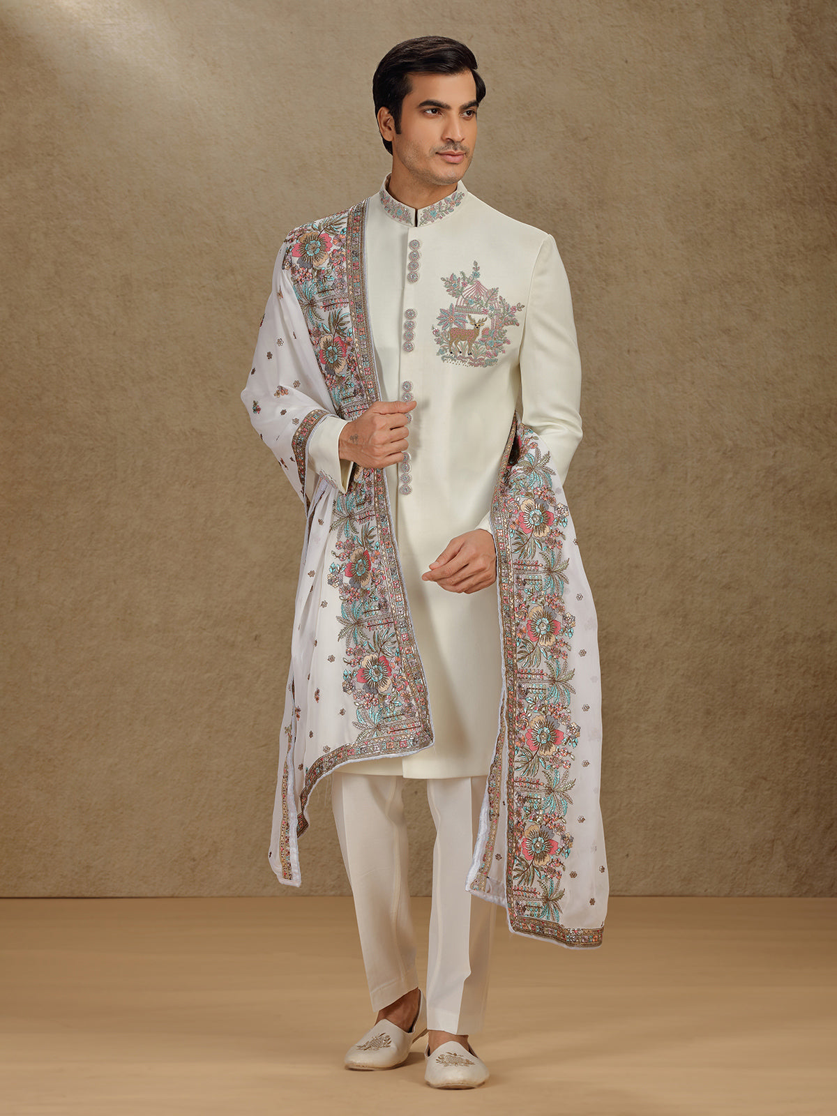 Cream terry rayon indo western with dupatta