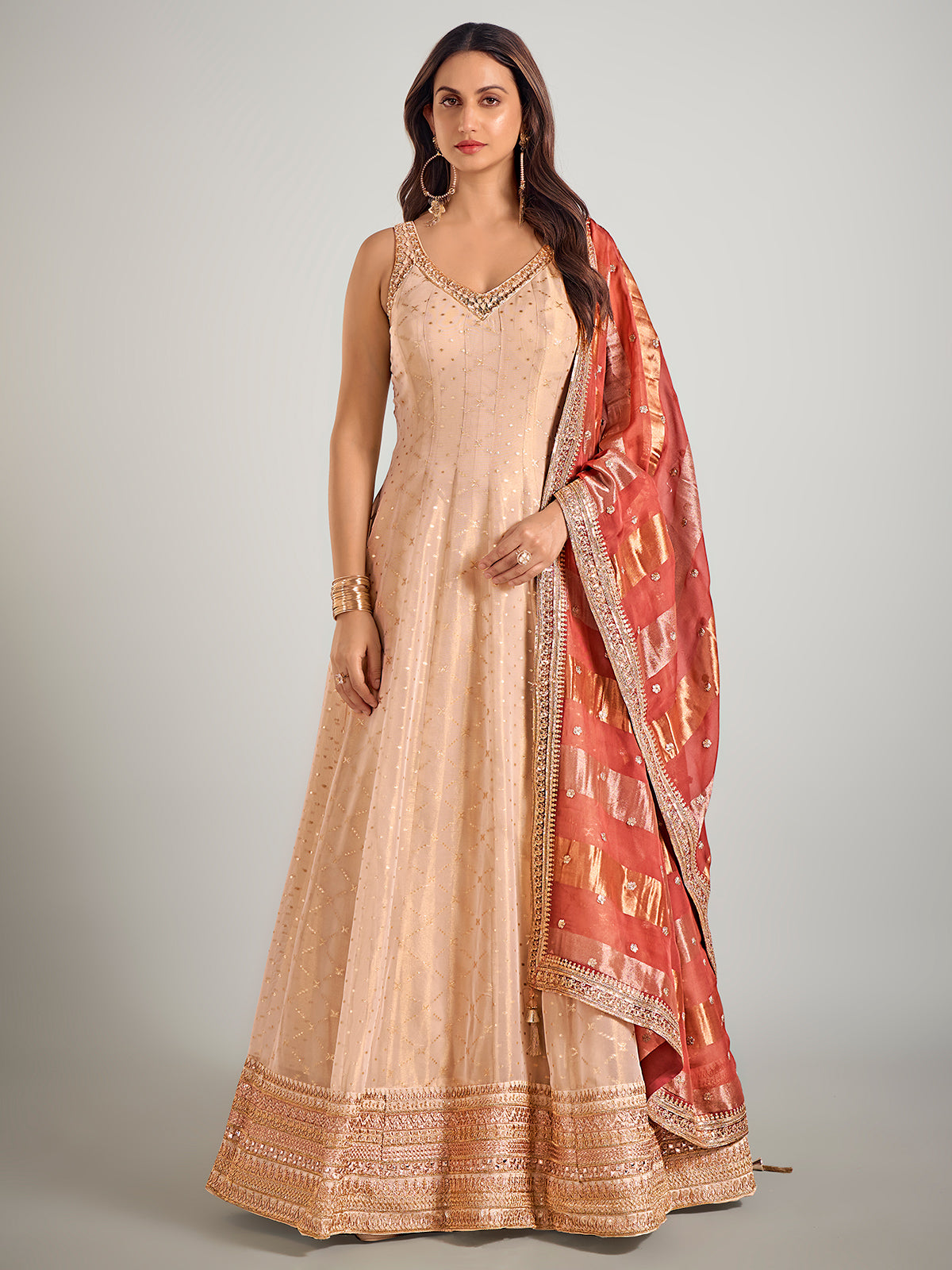 Cream tissue silk wedding anarkali suit