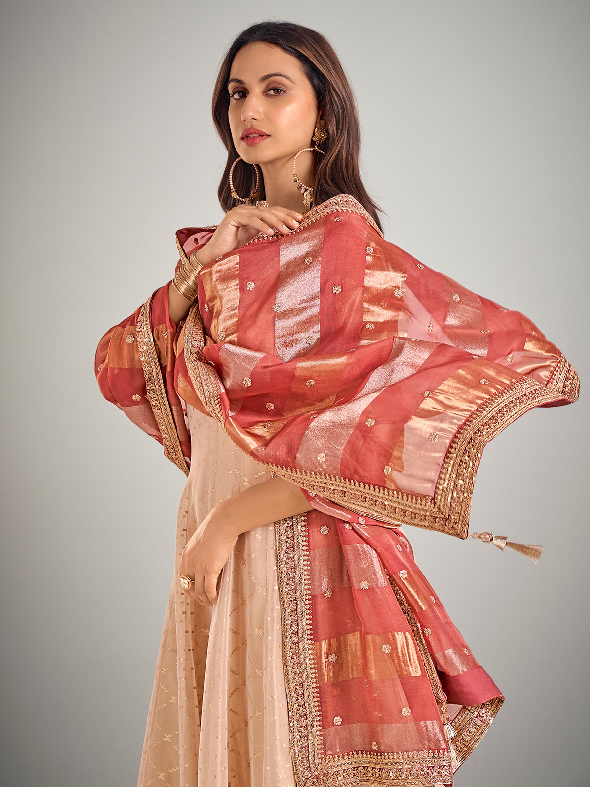 Cream tissue silk wedding anarkali suit