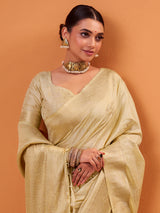 Cream tusser silk saree with elegant zari weaving