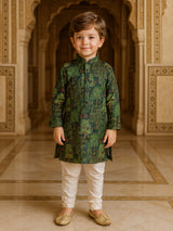Dark Green printed silk kurta suit for boys