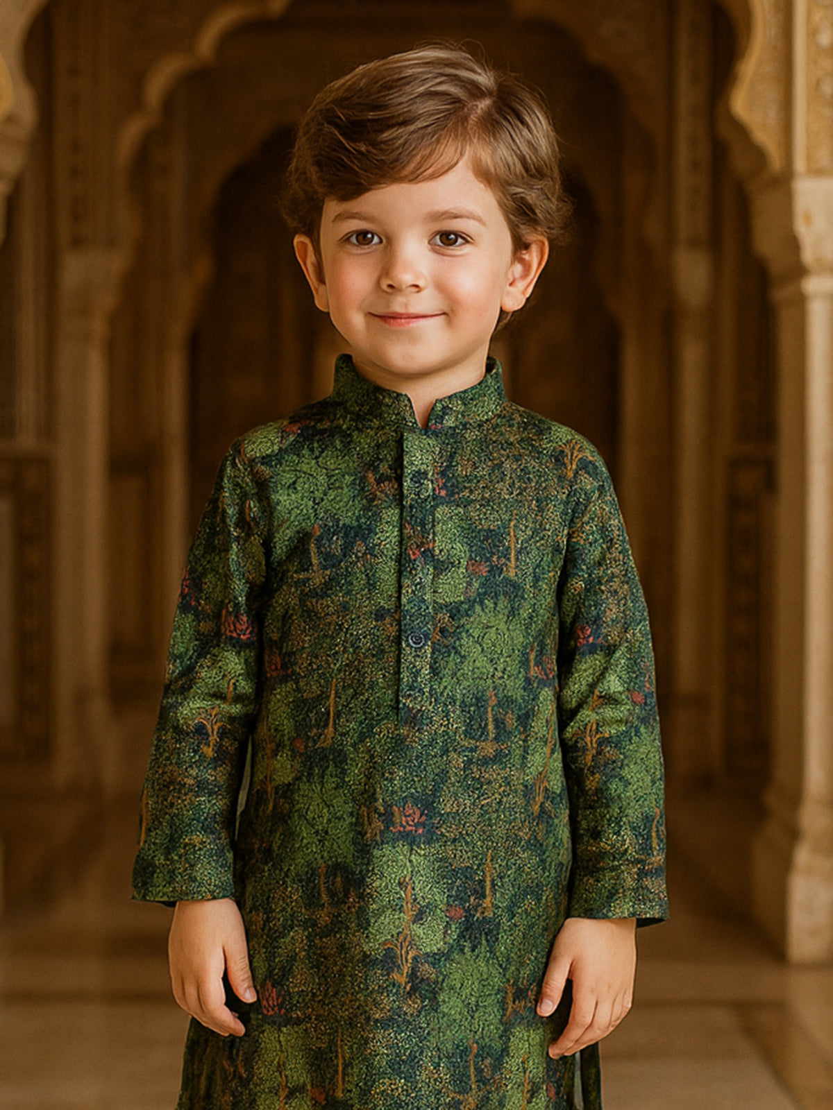 Dark Green printed silk kurta suit for boys