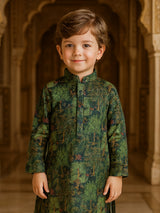 Dark Green printed silk kurta suit for boys