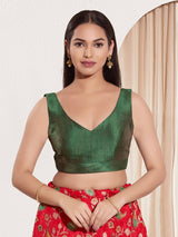 Dark green u neck back open silk blouse