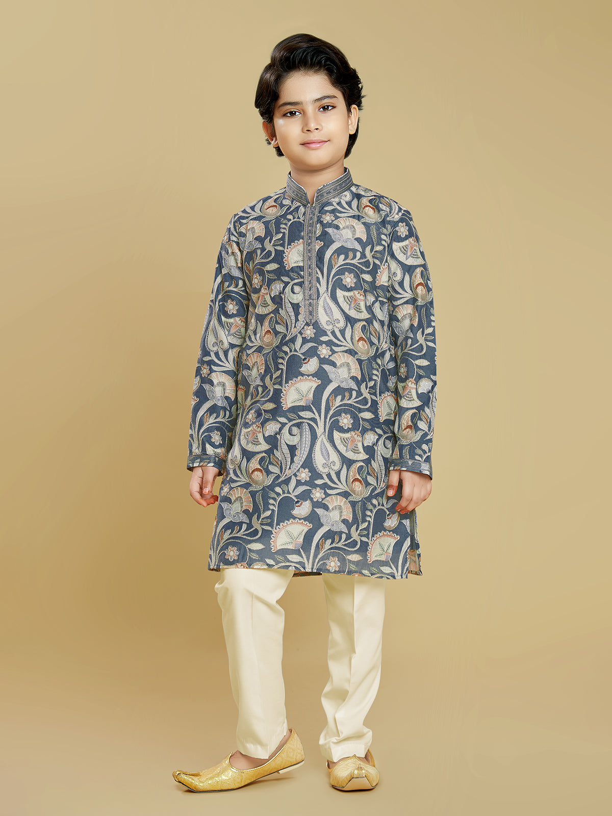Dark grey printed festive wear kurta suit for boys