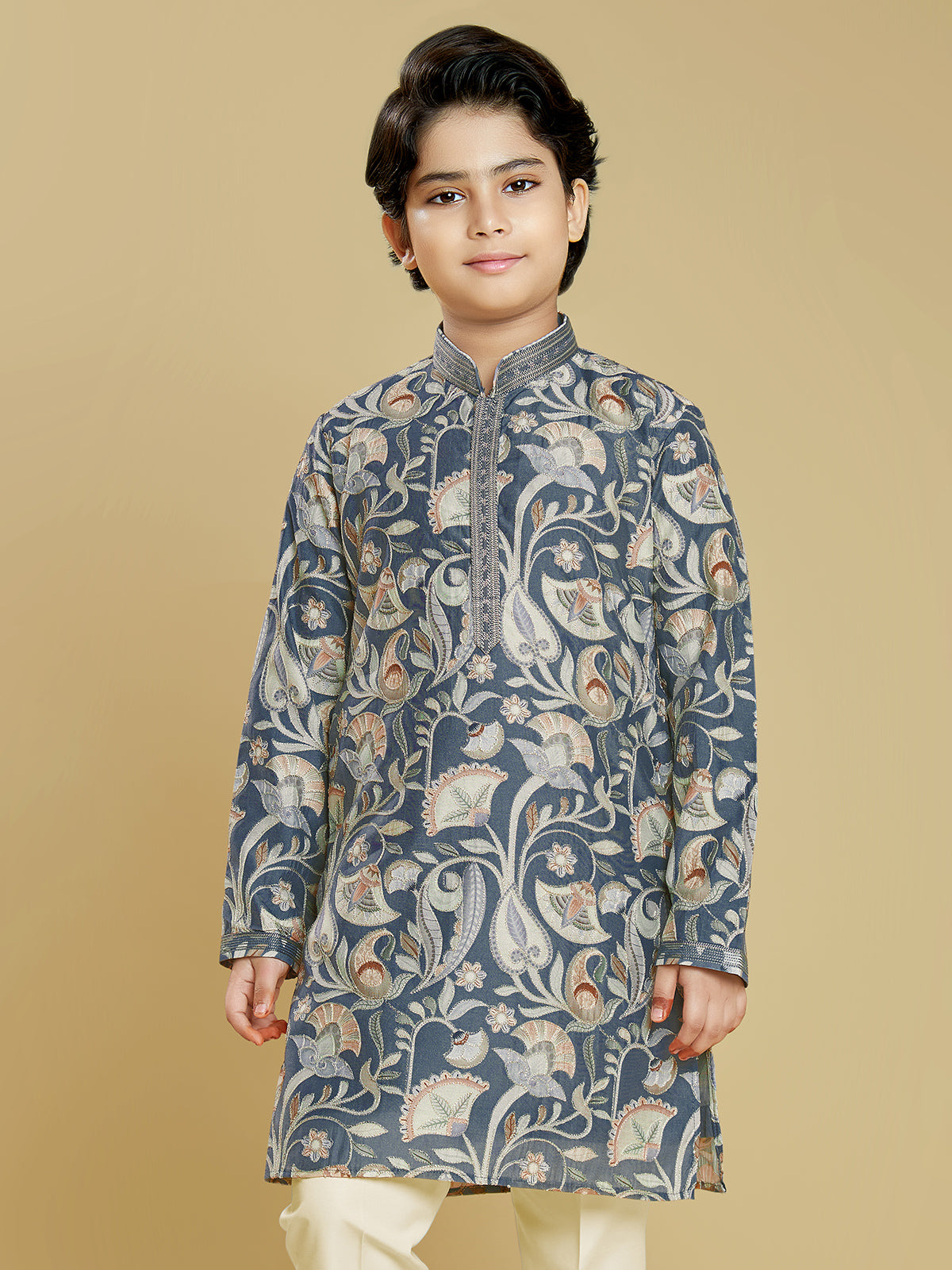 Dark grey printed festive wear kurta suit for boys
